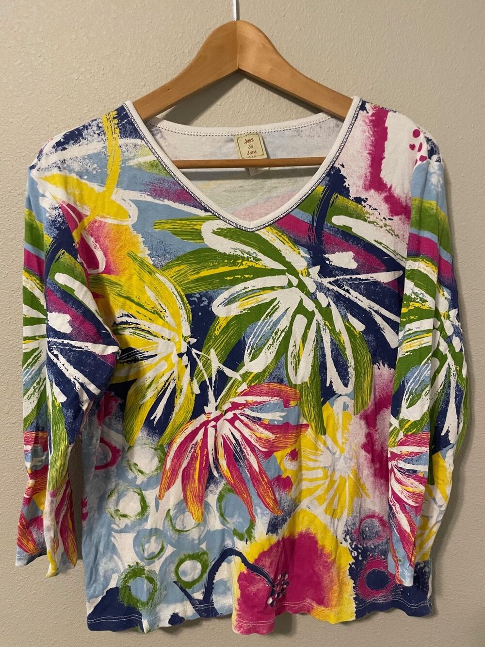 Jess & Jane Top Womens Large Multicolor Tropical Floral Art To Wear Boho